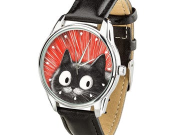 Black Cat Watch - Cute Wristwatch with Red Illustration, Ideal Gift for Cat Lovers and Pet Owners - Gift for Her - Gifts for Women