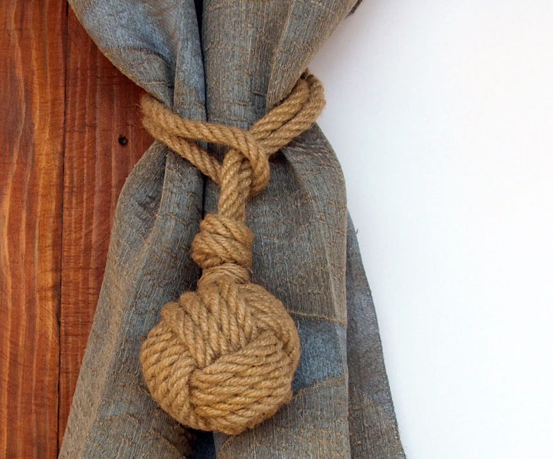 Set of 6 Nautical rope curtain tie backs nautical nursery window treatments nautical monkey fist knot tie backs