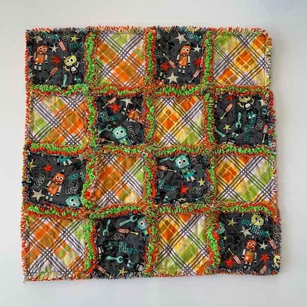 Green and Orange Robots and Plaid Baby Lovie | 20" x 20"