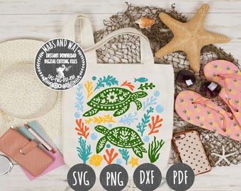 Sea turtles folk style SVG PNG DXF Pdf digital cutting file/turtles svg/sea creatures/folk art turtles/turtle wall decal/beach lover svg