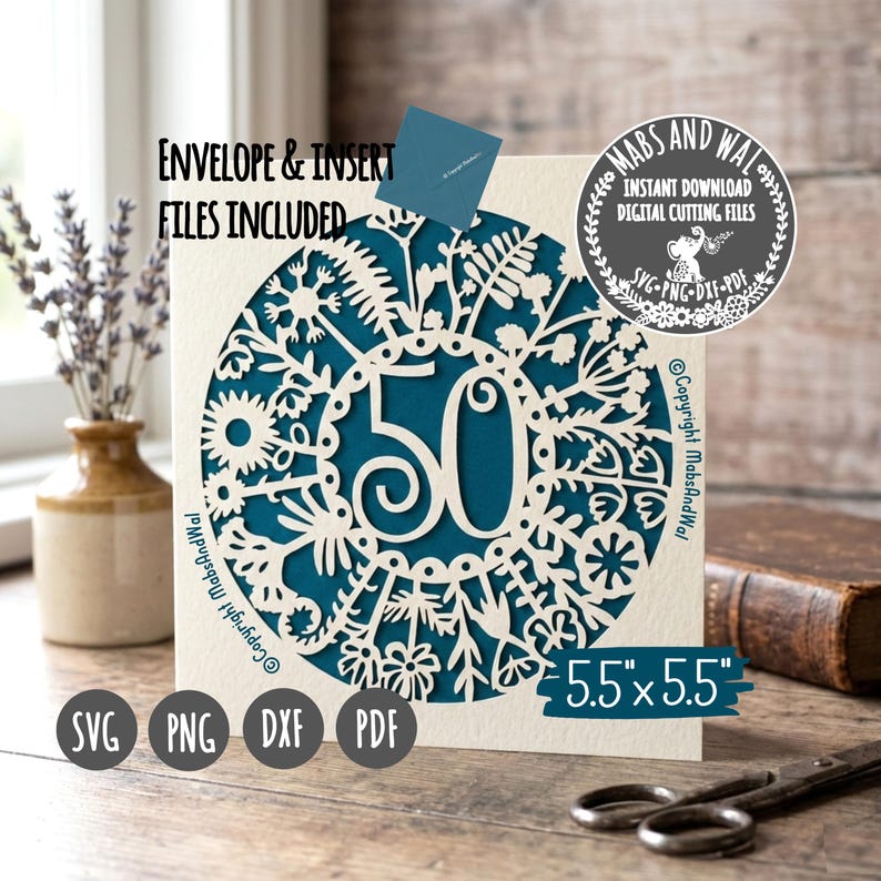 Age 50 flower card SVG PNG DXF Pdf digital cutting file/Anniversary card svg/Age 50 wild flower svg/Age 50 birthday card svg/50 milestone image 5
