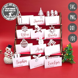 Set di 12 segnaposto con nome del tavolo di Natale SVG PNG DXF File di taglio digitale in formato PDF/apparecchiatura natalizia/biglietto per la cena di Natale/ospiti delle feste