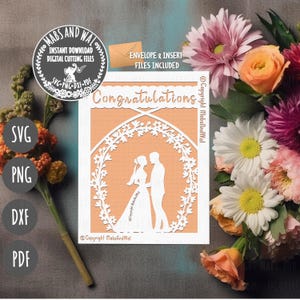 Tarjeta de felicitación de boda SVG PNG DXF Pdf archivo de corte digital/plantilla de tarjeta de boda/tarjeta de felicitación/tarjeta de novios/papel cortado para recién casados
