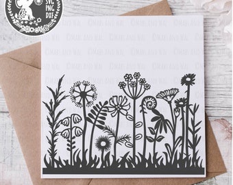 May include: Black and white silhouette of a variety of flowers and plants with a grass-like base. The image is on a white background.