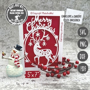 Renne joyeux Noël carte SVG PNG DXF Pdf fichier de découpe numérique/carte de voeux renne svg/fait main Noël svg/carte de voeux papercut