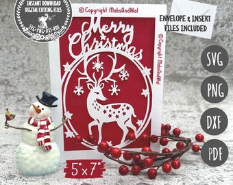 Rendier Merry Christmas-kaart SVG PNG DXF Pdf digitaal snijden bestand/rendier kerstkaart svg/handgemaakte kerst svg/papercut wenskaart