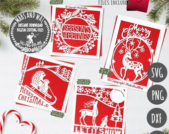 Julkortspaket med fyra kort 3 SVG PNG DXF Pdf digital skärfil/julhälsning/julkortsmall/helgkort/handgjord jul