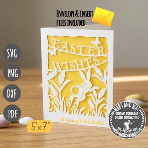 May include: A white Easter greeting card with a yellow background, featuring the words "Easter Wishes" and a bunny design. The card measures 5" x 7" and includes SVG, PNG, DXF, and PDF file formats.