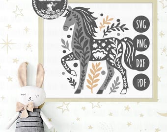 Horse folk style SVG PNG DXF Pdf digital cutting file/flowery horse/folk art horse/whimsical horse/boho horse/horse riding/decorative horse