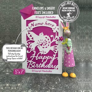 Biglietto di auguri personalizzato con uccellini di compleanno in formato SVG, PNG, DXF, PDF, file di taglio digitale/personalizza in Cricut, biglietto in formato SVG/biglietto di auguri di buon compleanno/biglietto di compleanno