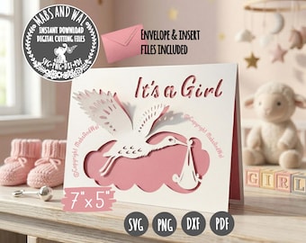 Baby girl stork pop-out card SVG PNG DXF Pdf digital cutting file/Baby shower/Baby svg/New baby girl card/3D baby congratulations/newborn