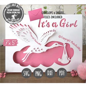 Tarjeta desplegable con cigüeña para niña SVG PNG DXF Pdf archivo de corte digital/Baby shower/Baby svg/Tarjeta para niña recién nacida/Felicitaciones para bebé en 3D/recién nacida