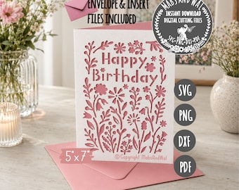 Happy birthday flower card SVG PNG DXF Pdf digital cutting file/happy birthday card svg/flower birthday/wildflower birthday card template