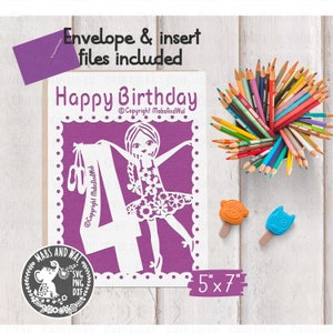 Carte d'anniversaire 4 ans ballerine SVG PNG DXF fichier de découpe numérique/danseuse de ballet svg/anniversaire 4 ans/danseuse ballerine carte svg/usage commercial