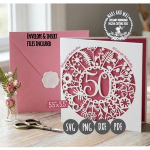 Age 50 flower card SVG PNG DXF Pdf digital cutting file/Anniversary card svg/Age 50 wild flower svg/Age 50 birthday card svg/50 milestone image 2