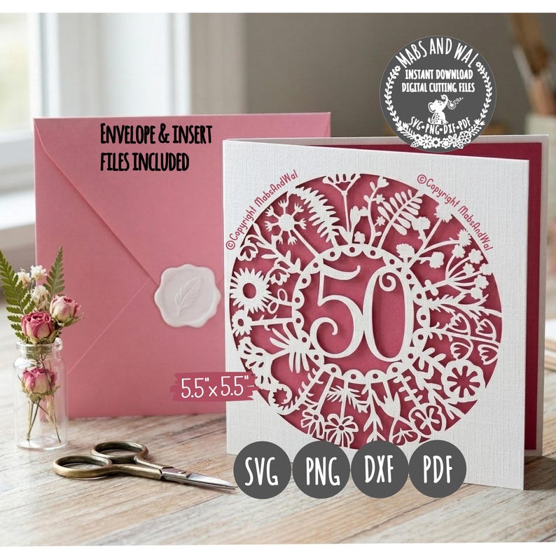 Age 50 flower card SVG PNG DXF Pdf digital cutting file/Anniversary card svg/Age 50 wild flower svg/Age 50 birthday card svg/50 milestone image 2