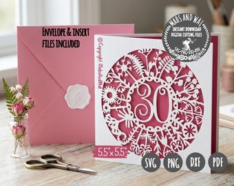 Biglietto di auguri per 30 anni con fiori SVG PNG DXF Pdf file di taglio digitale/biglietto per 30° anniversario/biglietto di compleanno per 30 anni/biglietto Cricut 30° svg/traguardo 30