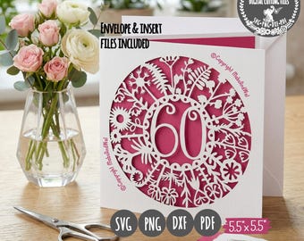 Age 60 flower card SVG PNG DXF Pdf digital cutting file/anniversary card svg/wild flowers card svg/age 60 birthday card svg/60 milestone svg