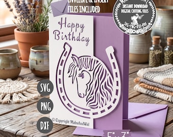 Cartão de aniversário com tema de cavalo em formato SVG, PNG, DXF e PDF para corte digital / cartão de aniversário em SVG / cartão de felicitações com tema de cavalo / cartão para amantes de cavalos / cartão de feliz aniversário com tema de cavalo