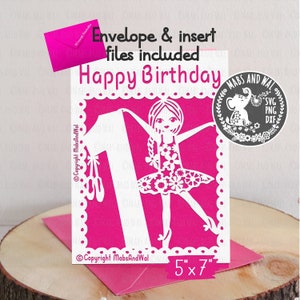 Verjaardagskaart leeftijd 1 ballerina SVG PNG DXF digitaal snijden bestand, balletdanser SVG/verjaardag leeftijd 1, dansende ballerina kaart SVG, commercieel gebruik