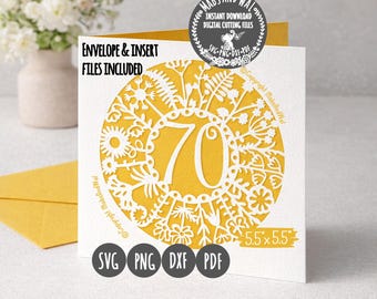 Age 70 flower card SVG PNG DXF Pdf digital cutting file/70 years card/Floral birthday card svg/70th birthday card template svg/70 milestone