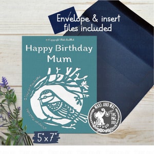 Cartão de aniversário de pássaro Mum SVG PNG DXF arquivo de corte digital, Aniversário de mãe, Cartão de aniversário de pássaro de jardim, Blue tit mum birthday svg, Uso comercial