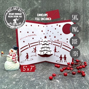 Tarjeta emergente de patinadores sobre hielo de Navidad SVG PNG DXF Pdf archivo de corte digital / tarjeta de patinaje sobre hielo de invierno svg / tarjeta emergente festiva de árbol de Navidad svg