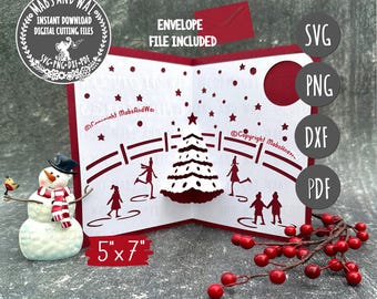 Christmas ice skaters pop-up card SVG PNG DXF Pdf digital cutting file/winter ice skating  card svg/festive pop-out Christmas tree card svg