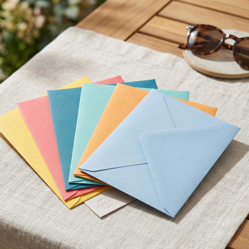 May include: A collection of colorful envelopes fanned out on a neutral linen surface. The envelopes are in shades of yellow, pink, teal, light green, orange, and light blue. A small card with a leaf design is visible beneath the envelopes. Sunglasses rest on a small plate in the background.