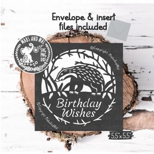 Cumpleaños desea tarjeta de tejón SVG PNG DXF archivo de corte digital/tejón svg/plantilla de tarjeta de cumpleaños de tejón/tarjeta de animal del bosque/uso comercial