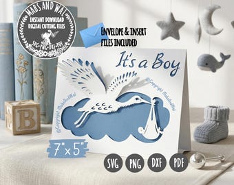 Baby boy stork pop-out card SVG PNG DXF Pdf digital cutting file/baby shower,Baby svg/new baby congratulations/3D baby card/pop up baby card