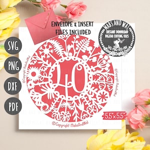 Cartão de flores de 40 anos SVG PNG DXF Pdf arquivo de corte digital/cartão de aniversário de 40 anos/cartão de aniversário de 40 anos svg/40 marcos