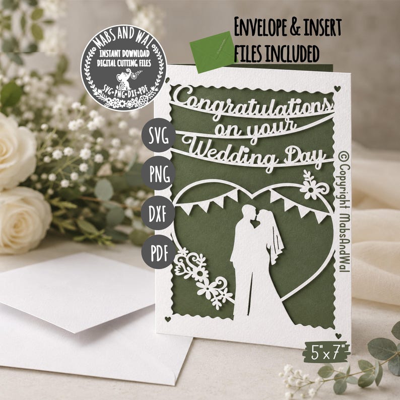 May include: A white laser-cut wedding card with the words "Congratulations on your Wedding Day". The card features a heart with silhouettes of a bride and groom. Includes SVG, PNG, DXF, and PDF files. The card measures 5" x 7".