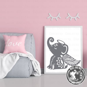 Ángel elefante SVG PNG DXF archivo de corte digital/decoración de guardería infantil svg/alas de ángel svg/calcomanía de pared de elefante ángel/uso comercial