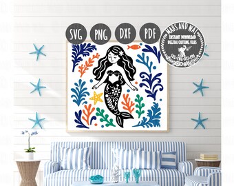 Mermaid folk style SVG PNG DXF Pdf digital cutting file/mermaid svg/sea mermaid/folk art mermaid/mermaid wall decal/beach lover svg file