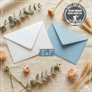 May include: Two rectangular envelopes, one white and one light blue, each featuring a textured paper finish and a pointed flap. The envelopes are labeled with the text 5x7 inches, indicating their size, and are surrounded by floral elements.
