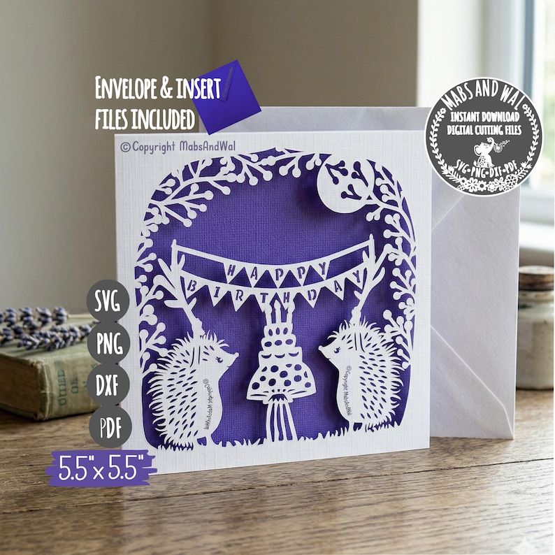 Birthday card hedgehogs SVG PNG DXF Pdf digital cutting file/hedgehog birthday card svg/woodland hedgehog svg/happy birthday card template image 1