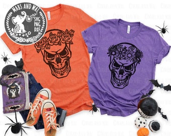 Skulls and flowers SVG PNG DXF digital cutting file/halloween skeleton svg/halloween shirt/trick or treat/skull with flowers/commercial use
