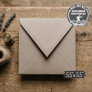 May include: A square light brown envelope measuring 5.5"x5.5" with a triangular flap. The text MABS AND WAL INSTANT DOWNLOAD DIGITAL CUTTING FILES SVG PNG DXF PDF is visible in a circular badge. Dried lavender and a metal stamp are present.