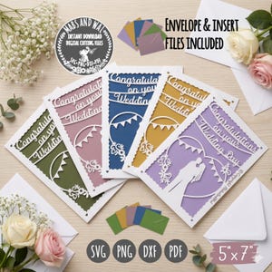 May include: A collection of laser-cut wedding cards in various colors, including green, pink, blue, yellow, and purple. Each card features the text "Congratulations on your Wedding" or "Wedding Day". The cards are 5" x 7" and include envelopes.