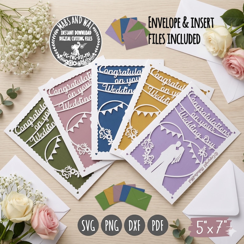 May include: A collection of laser-cut wedding cards in various colors, including green, pink, blue, yellow, and purple. Each card features the text "Congratulations on your Wedding" or "Wedding Day". The cards are 5" x 7" and include envelopes.