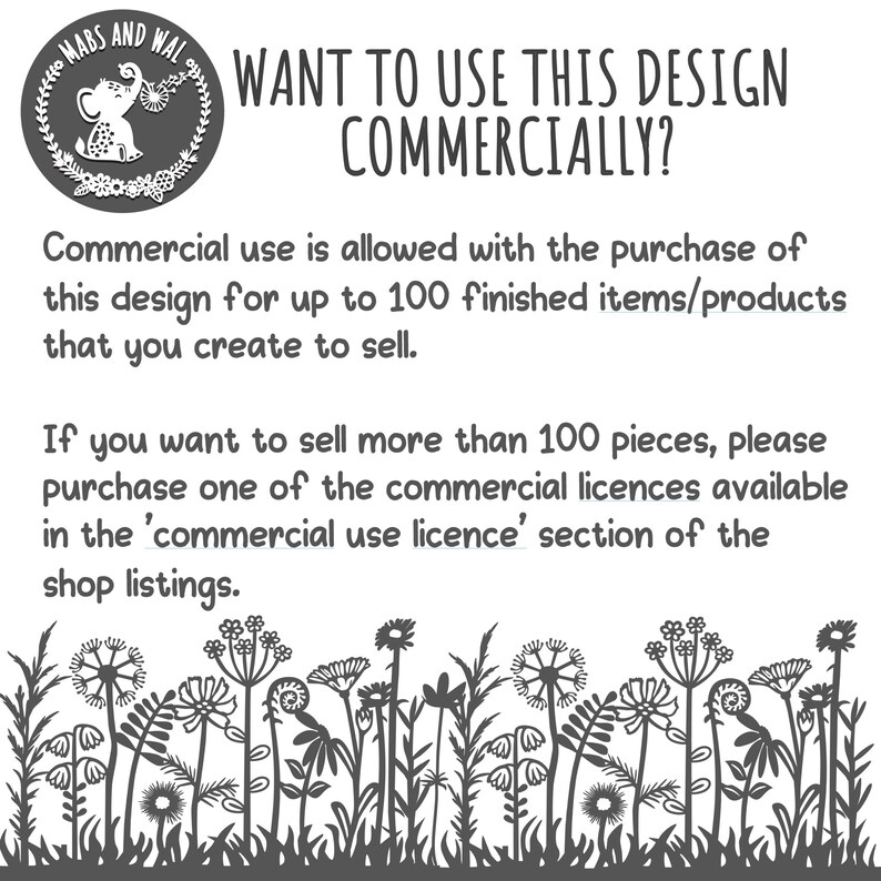 Pode incluir: Ilustra&ccedil;&atilde;o em preto e branco de um pequeno elefante com uma coroa de flores em volta da cabe&ccedil;a. O texto "WANT TO USE THIS DESIGN COMMERCIALLY?" est&aacute; escrito em negrito, em letras pretas. O texto abaixo explica que o uso comercial &eacute; permitido com a compra do design para at&eacute; 100 itens/produtos acabados.