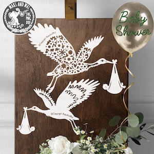 Cigüeñas con bebé SVG PNG DXF archivo de corte digital, baby shower svg, nuevo bebé svg, decoraciones de baby shower, cigüeña con bebé svg, uso comercial
