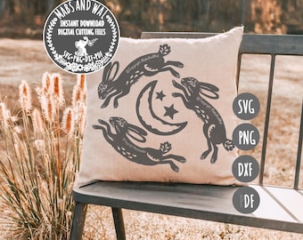 Hares leaping over moon SVG PNG DXF Pdf digital cutting file/march hares svg/woodland hares/hare moon and stars/leaping hares/hare moon svg