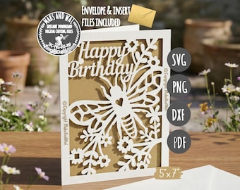 Bee Birthday card SVG PNG DXF Pdf digital cutting file/happy birthday bee card/bee floral birthday card/wildflower birthday card/bee lover