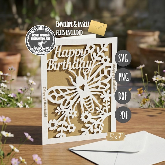 Bee Birthday card SVG PNG DXF Pdf digital cutting file/happy birthday bee card/bee floral birthday card/wildflower birthday card/bee lover