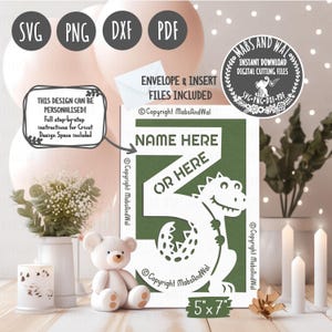 Carte personnalisée dinosaure 3 ans SVG PNG DXF Pdf fichier de découpe numérique/troisième anniversaire carte/cricut personnalisé svg/3e anniversaire svg