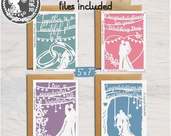 ウェディングカード4枚セット 1 SVG PNG DXF デジタルカッティングファイル/結婚式お祝いカード SVG/ウェディンググリーティングカード/ウェディングセット SVG