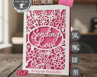 Sending love card SVG PNG DXF Pdf digital cutting file/5x7 floral greetings card/Valentine Anniversary Wedding card/envelope included