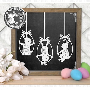 Easter bunnies on swings SVG PNG DXF digital cutting file/Easter bunny rabbits svg/hanging Easter eggs svg/Easter party decor/commercial use